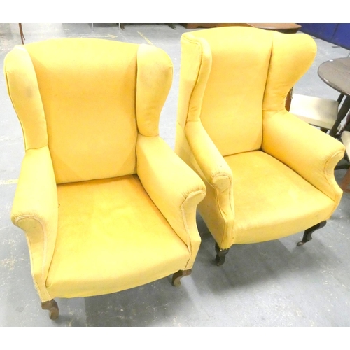 371 - Pair of antique yellow upholstered wing back armchairs