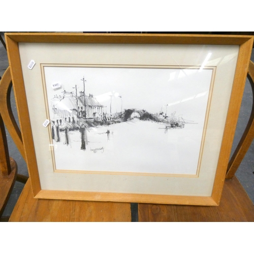 397 - Signed charcoal sketch Harbour scene