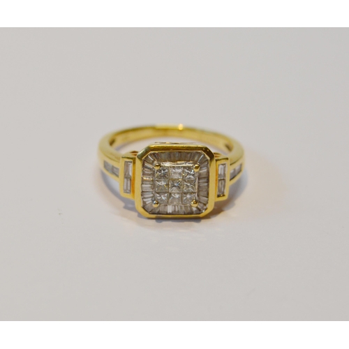 82 - Diamond cluster ring with baguette and princess-cut diamonds, in 18ct gold, size O, 4.7g gross.