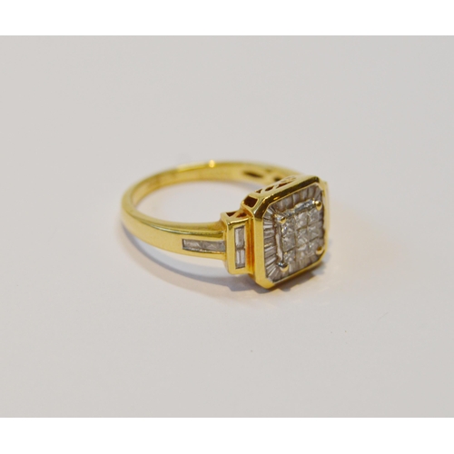 82 - Diamond cluster ring with baguette and princess-cut diamonds, in 18ct gold, size O, 4.7g gross.