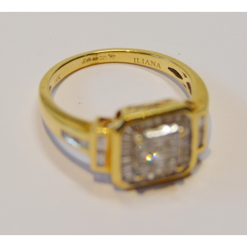 82 - Diamond cluster ring with baguette and princess-cut diamonds, in 18ct gold, size O, 4.7g gross.