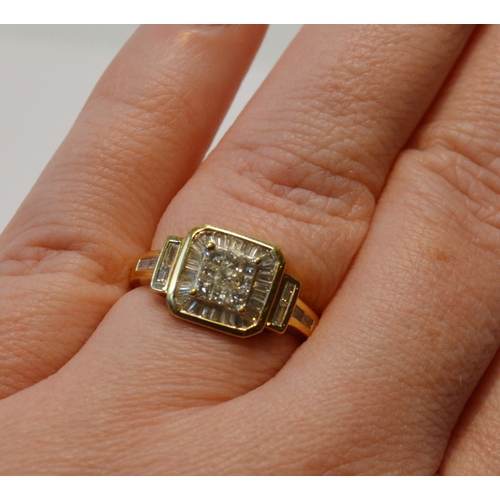 82 - Diamond cluster ring with baguette and princess-cut diamonds, in 18ct gold, size O, 4.7g gross.