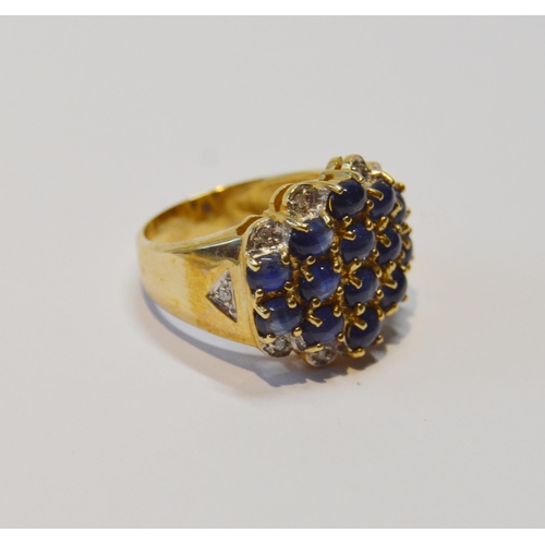 87 - Large pavé-set ring with diamonds and multiple cabochon sapphires, in 9ct gold, size P, 8.2g gross.