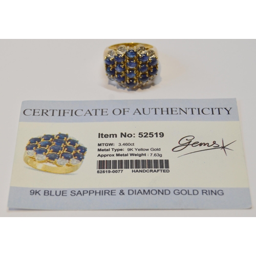 87 - Large pavé-set ring with diamonds and multiple cabochon sapphires, in 9ct gold, size P, 8.2g gross.