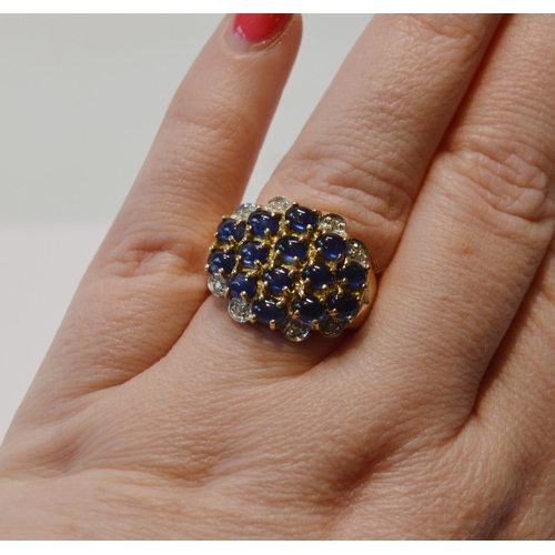 87 - Large pavé-set ring with diamonds and multiple cabochon sapphires, in 9ct gold, size P, 8.2g gross.