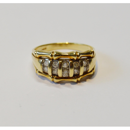 88 - Diamond ring set with ten small brilliants, paired in 9ct gold, size O/P, 3.4g gross.