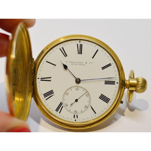 176 - Lever pocket watch for Falconer, Hong Kong, in 18ct gold hunter case, 1927, 49mm, 67g gross without ... 