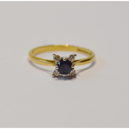 95 - Sapphire and diamond ring set with four diamond brilliants, in 18ct gold, size N, 2.5g gross.