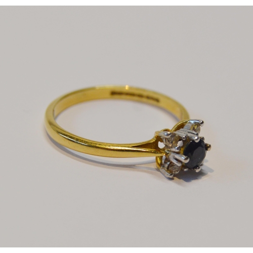 95 - Sapphire and diamond ring set with four diamond brilliants, in 18ct gold, size N, 2.5g gross.