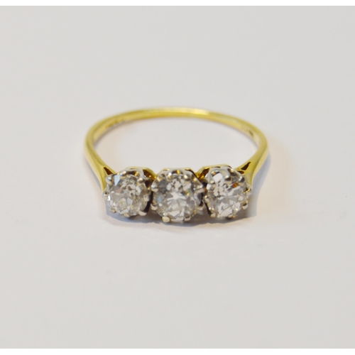 100 - Diamond three-stone ring with old-cut brilliants, approximately .5ct each, total diamond content app... 