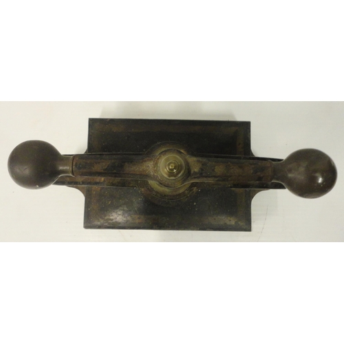 207 - Victorian cast iron book press, with lion seal mark to the underside, 41cm high and 52cm wide.