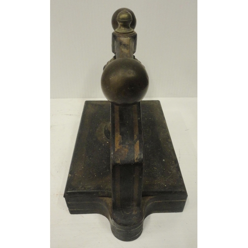 207 - Victorian cast iron book press, with lion seal mark to the underside, 41cm high and 52cm wide.