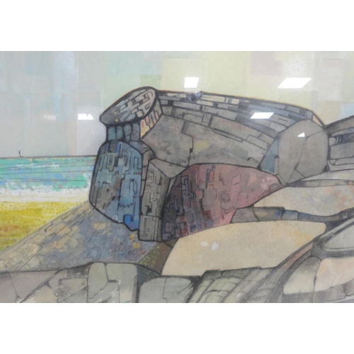 341 - James Plenderleith (Scottish, 20th Century)Rock HeadlandSigned, watercolour, 40cm x 55cm.Label verso... 