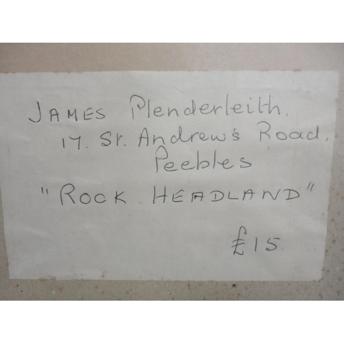 341 - James Plenderleith (Scottish, 20th Century)Rock HeadlandSigned, watercolour, 40cm x 55cm.Label verso... 