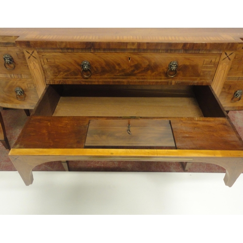 411 - Regency Scottish inlaid mahogany breakfront sideboard with a long central drawer flanked by a deep c... 