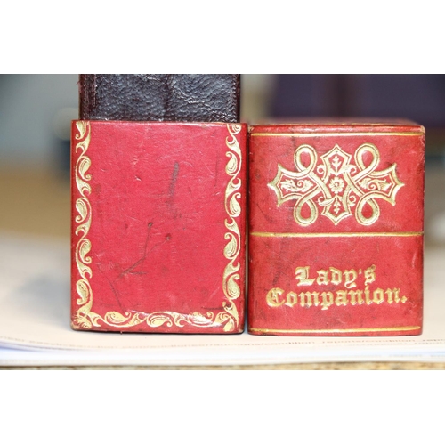 6 - Fine quality gilded red leather covered etui case with white metal implements including thimble, sci... 