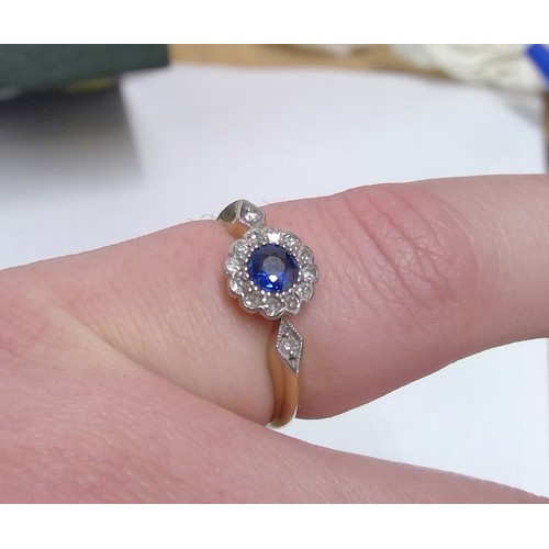 139 - An Art Deco period sapphire and diamond daisy cluster ring, the central round cut sapphire set betwe... 