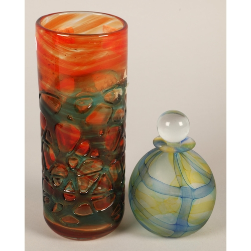 13 - Two pieces of art glass, cylinder vase and perfume bottle, vase 20cm h