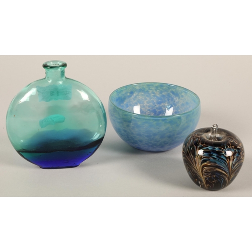 19 - Three pieces of art glass, including Monart style bowl, blue glass bottle, and Adrian Sankey apple p... 