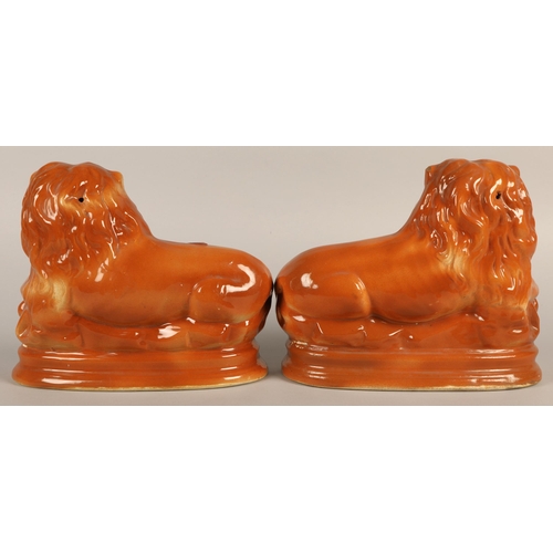 26 - Pair of Boness style pottery lions with glass eyes