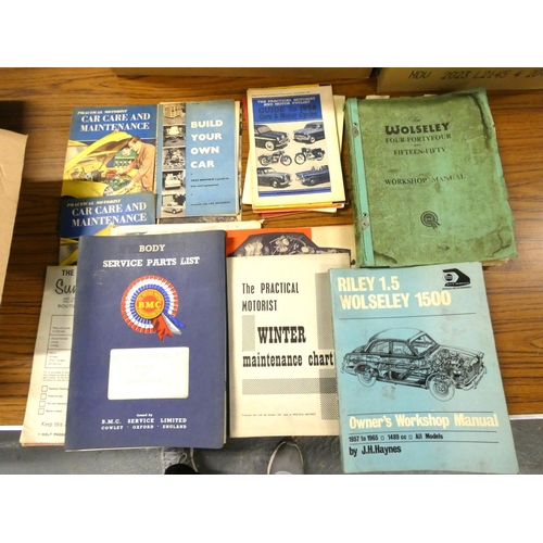 401 - Box of car ephemera to include Wolseley workshop manuals.