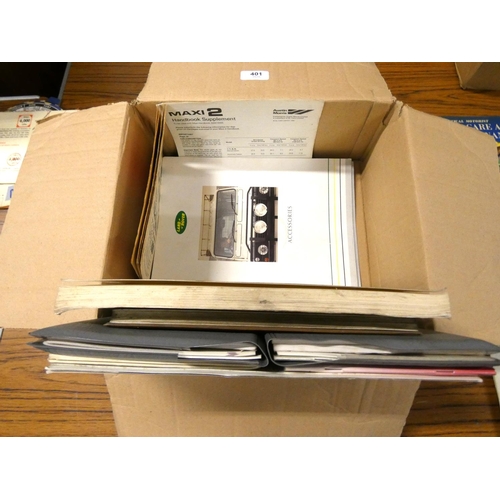 401 - Box of car ephemera to include Wolseley workshop manuals.