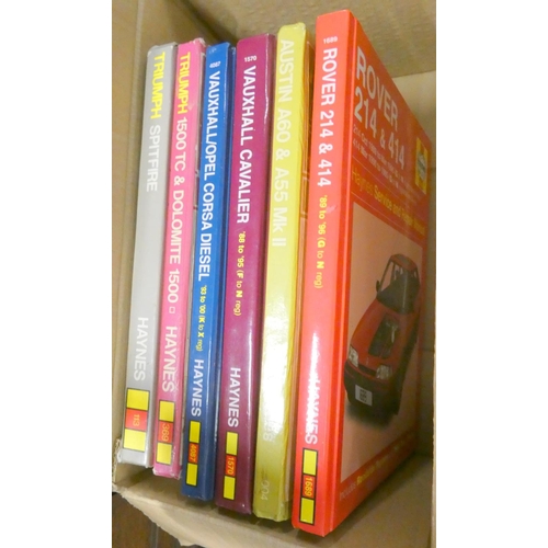 411 - Box of various Haynes manuals to include Rover, Vauxhall etc.