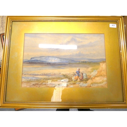 413 - Antique gilt frame landscape watercolor with monogram AB, Dated 1869.