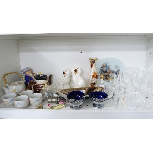 122 - EPNS sugar and cream, Staffordshire dogs, crystal glasses, thimbles, Japanese tea set, novelty teapo... 