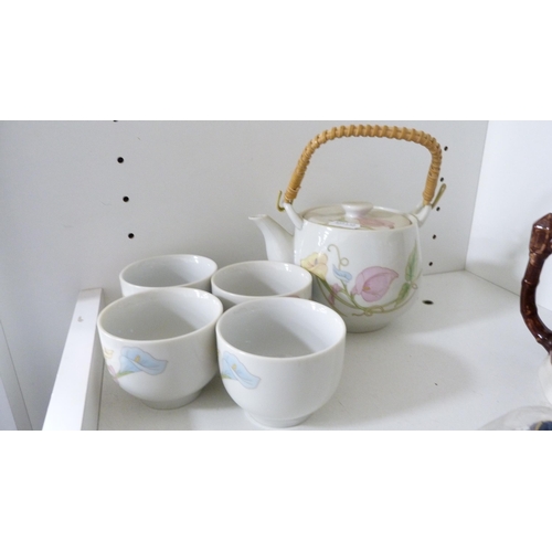 122 - EPNS sugar and cream, Staffordshire dogs, crystal glasses, thimbles, Japanese tea set, novelty teapo... 