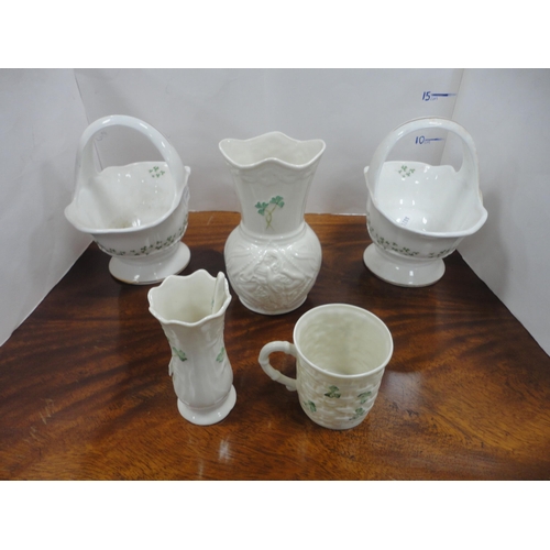 15 - Group of Belleek-style porcelain, various makers, to include harp ornaments, also a Belleek vase and... 