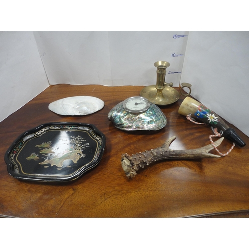 18 - Paraffin hurricane lamp, brass taperstick, German Black Forest-style bottle stoppers, abalone-style ... 