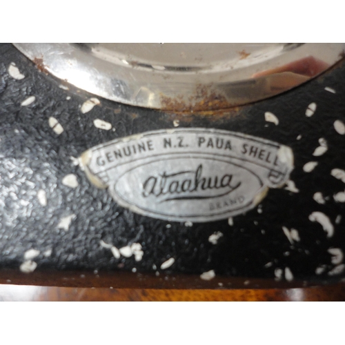 18 - Paraffin hurricane lamp, brass taperstick, German Black Forest-style bottle stoppers, abalone-style ... 