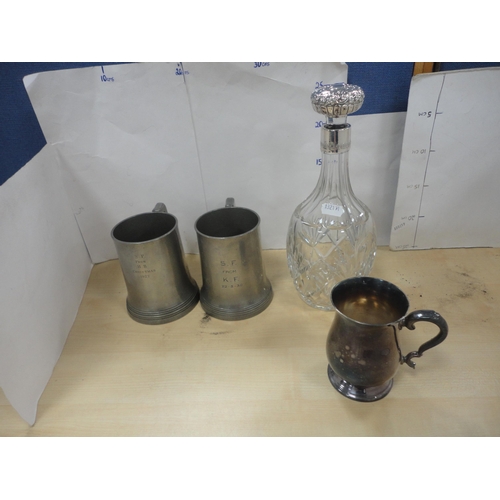 21 - EPNS bottle stand by Elkington, pewter tankards, a silver-mounted decanter etc.
