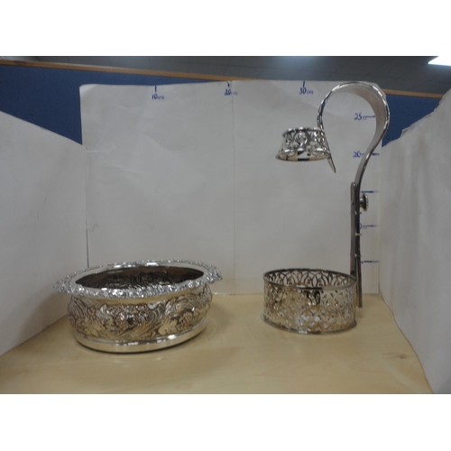 21 - EPNS bottle stand by Elkington, pewter tankards, a silver-mounted decanter etc.