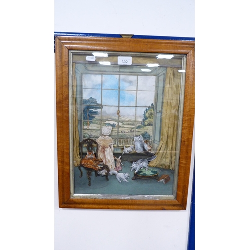 302 - Scrap collage of kittens and classical figures, in a walnut frame.