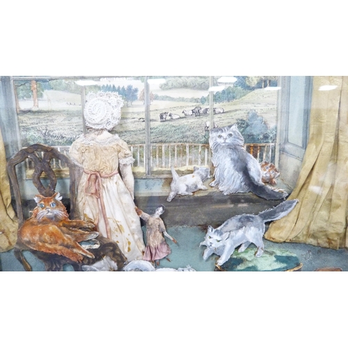 302 - Scrap collage of kittens and classical figures, in a walnut frame.