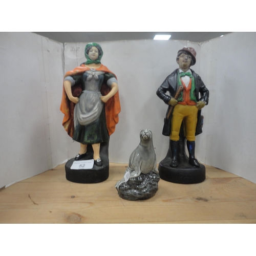 52 - Group of Chinese-style water buffalo figures, a Beneagles whisky bottle in the form of a seal etc.