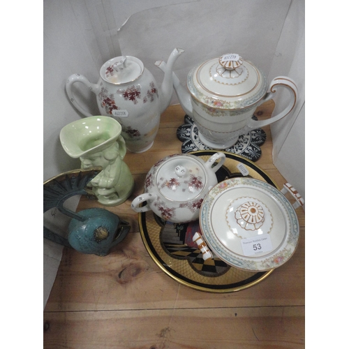 53 - Green Burlington ware toby jug, brass table bell in the form of a hoplite helmet, coffee pots etc.