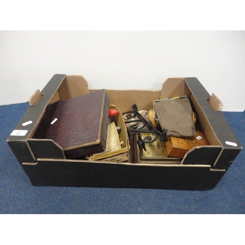 54 - Box containing cased snooker balls, Middle Eastern niello cups, brass barometer etc.