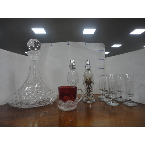 56 - Cut glass ship's decanter, EPNS tray, cased cutlery, tankard, condiments, coasters etc.