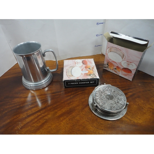 56 - Cut glass ship's decanter, EPNS tray, cased cutlery, tankard, condiments, coasters etc.