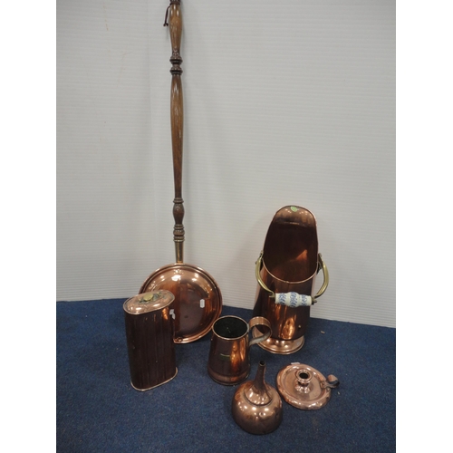 57 - Cased sets of EPNS cutlery, and copper wares to include bed warming pan, coal scuttle, ale measure e... 