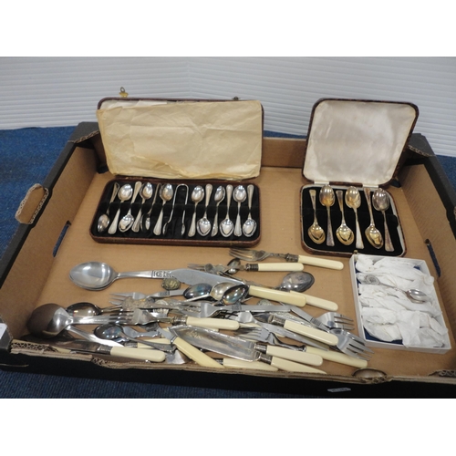 59 - Carton containing EPNS cutlery and a Colclough part tea set.