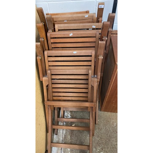 612 - Six various teak garden folding chairs