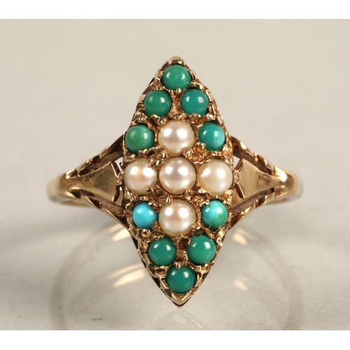 51 - 9ct gold seed pearl and turquoise set ring size L/M, and another yellow metal seed pearl set band si... 