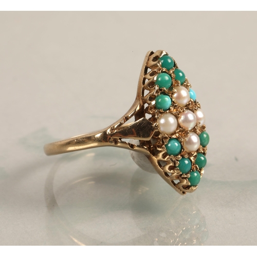 51 - 9ct gold seed pearl and turquoise set ring size L/M, and another yellow metal seed pearl set band si... 