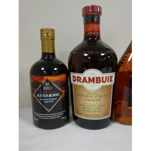 32 - Five bottles of whisky liqueur to include DRAMBUIE 40% abv. 1litre, GLAYVA 35% abv. 70cl, KENMORE 35... 