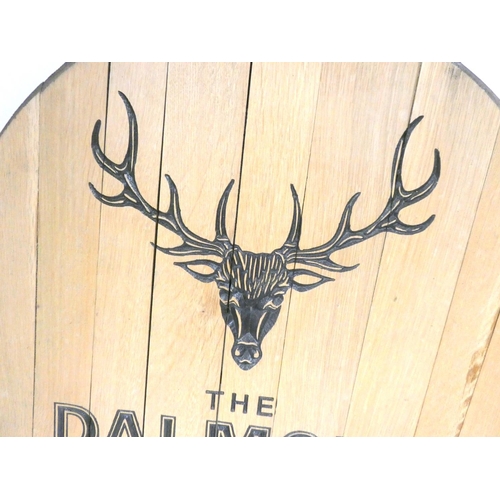 64 - Whisky cask end 'THE DALMORE' with 12 point Royal stag, 53cm diameter.