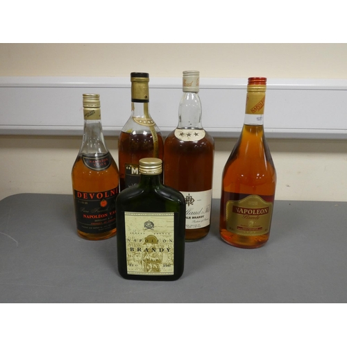 73 - Five bottles of Brandy, To include three assorted bottles of Napoleon brandy, The Devolney bottled c... 